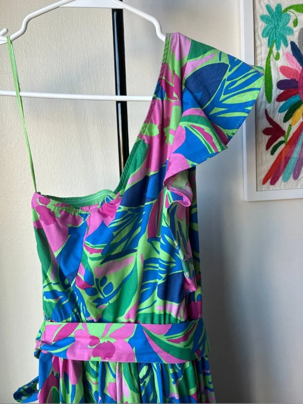J. Crew One Shoulder Ruffle Floral Green Belted Dress - Size 2